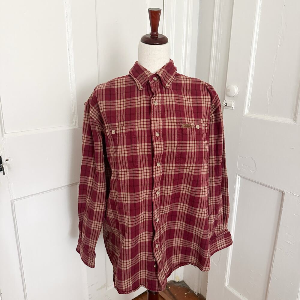 Carhartt Red & Tan Plaid Flannel Shirt Men's L 100% Cotton